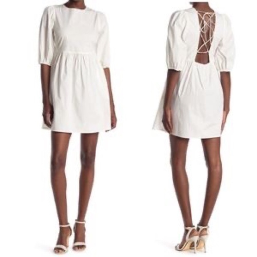 WAYF Dress Lace-Up Back Puff Sleeves Babydoll Mini White Cotton Size Small